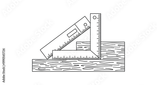Carpentry tools including a level and square being used on wooden planks to measure precision and accuracy in construction.