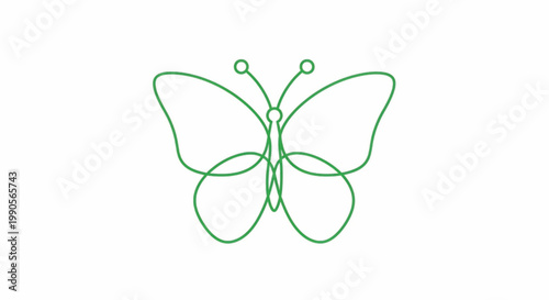 Butterfly icon with green outline and symmetrical wing loops on white background for nature and eco themes