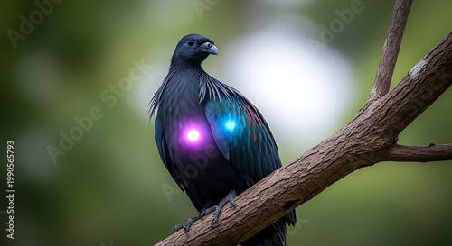 Exotic black bird with glowing neon purple and blue spots on chest perched on a tree branch, natural green foliage background, mystical energy concept