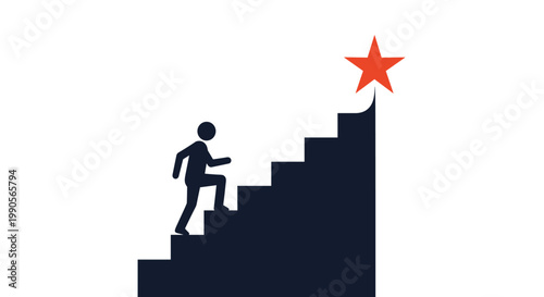 Person climbing a set of stairs towards a bright orange star representing success goal achievement and career progression.