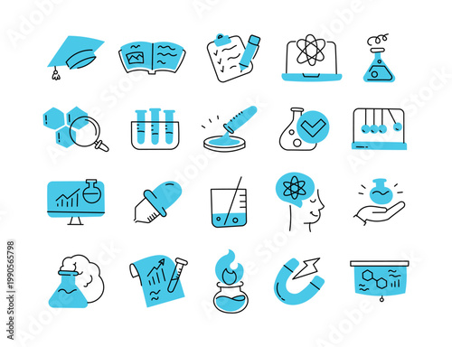 Science study laboratory icon set with chemistry experiment equipment physics analysis education research learning tools academic symbols knowledge visualization system