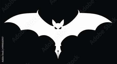 Bat silhouette icon with outstretched wings and small catlike face in high contrast vector style featuring nocturnal, night, creature with predator