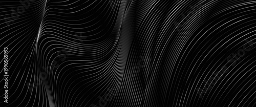 Black abstract background design. Modern wavy line pattern (guilloche curves) in monochrome colors. Premium stripe texture for banner, business backdrop. Dark horizontal vector template