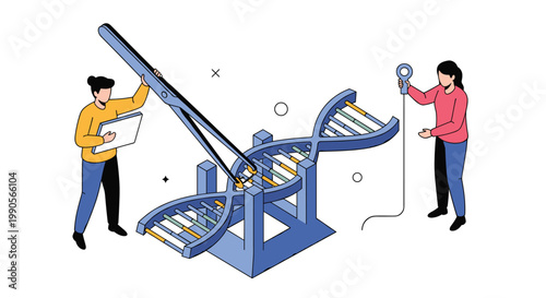 Research scientists work together to modify a large DNA double helix structure using precision tools in a laboratory setting for genetic science.