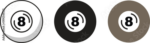 Eight ball icon set showing three distinct design styles. Professional billiards game equipment isolated on transparent background. Traditional monochrome and brown graphic vector symbols.