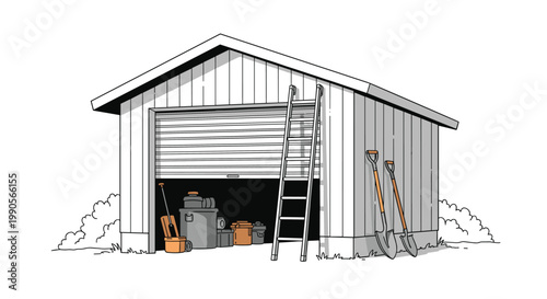 Exterior view of a wooden garden storage shed with an open garage door showing organized containers and tools like ladders and shovels nearby.