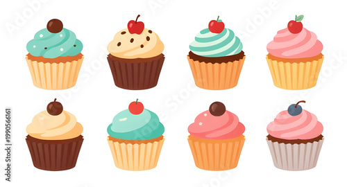 cupcake, dessert, cartoon, sweet, bakery, cake, frosting, colorful, celebration, party, cute, food, treat, illustration, vector, graphic, collection