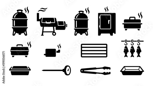 Fish Smoking Equipment Silhouettes Set – Smoker, Rack, Hooks, BBQ Tools Solid Black Icons