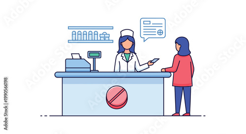 Professional pharmacist in a white coat stands behind a pharmacy counter while serving a female customer with prescription medication.