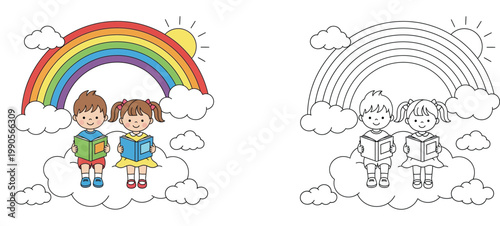 Kids Reading Books on Clouds under Rainbow Coloring Page, Educational Illustration with Black and White Outline Vector Set for Children Activities and Creative Learning