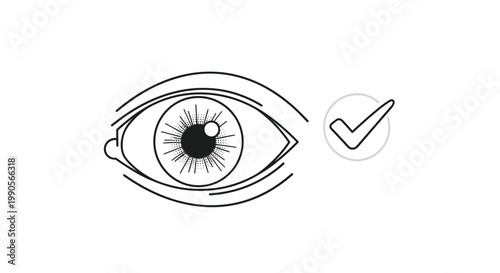 Human eye symbol depicted with a large black checkmark representing successful vision correction or a passed ophthalmic medical exam.