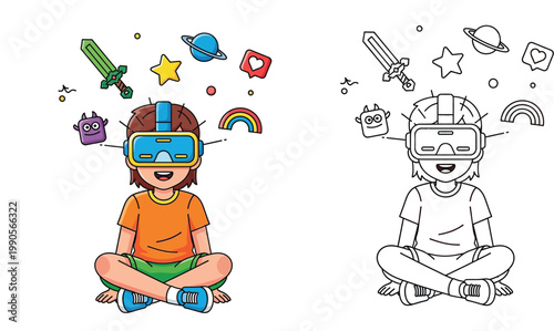 Boy Wearing VR Headset with Fantasy Gaming Icons Illustration - Colored and Line Art Version for Kids Coloring Page
