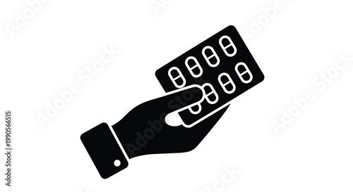 Black silhouette of a hand holding a pharmaceutical blister pack containing eight individual capsules for medical treatment or health care.