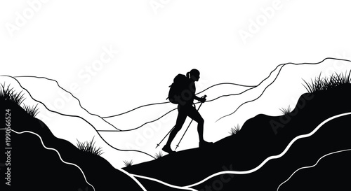 Black and white silhouette of a determined hiker trekking up a steep mountain slope with hiking poles against a distant hilly landscape.