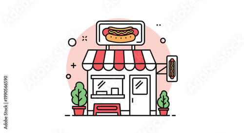 Small street food hot dog shop featuring a red and white striped awning and a large rooftop sign of a delicious hot dog in a bun.