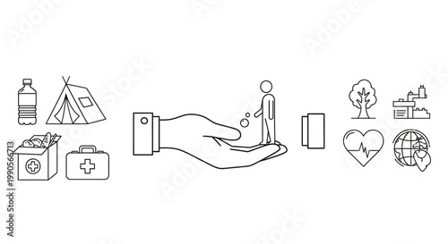 Minimalist Line Art Illustration of Humanitarian Aid and Social Responsibility Symbols.