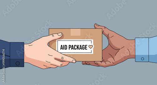 Hands of different ethnicities passing a cardboard aid package box representing charity and support.