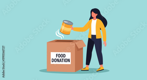 Woman putting a tin can into a food donation box for charity.