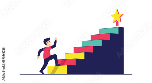 Ambitious man climbs colorful stairs towards a bright yellow star representing career advancement, personal goals, and ultimate success.