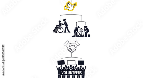 Concept Illustration of Volunteering and Community Service Icons with Peace Dove and Handshake.