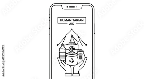 Line Art Illustration of a Humanitarian Aid Mobile App Interface on a Smartphone.