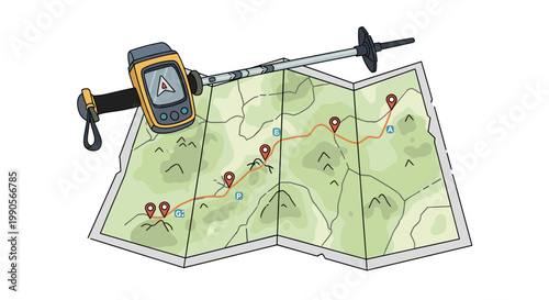 Outdoor navigation equipment featuring a topographic map with route markers alongside a handheld GPS device and a trekking pole for hiking.
