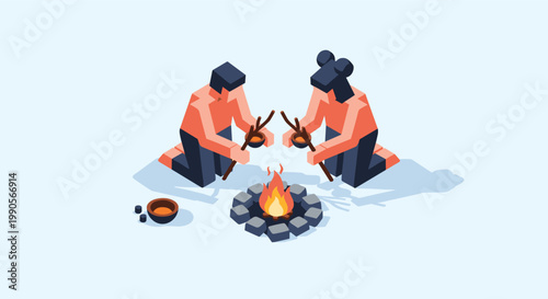 Isometric scene depicting a man and woman camping and roasting food over a small stone ringed fire pit in the outdoors.