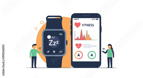 Digital health tracking concept showing a smartwatch and smartphone display with various fitness and sleep monitoring metrics.