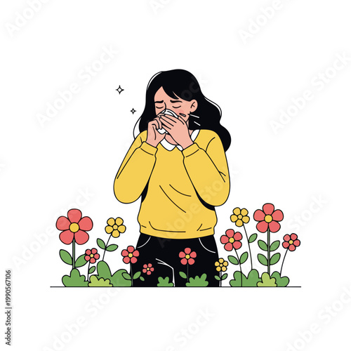 Woman sneezing in flower field due to seasonal allergy. Hay fever and pollen sensitivity concept. Flat design graphic
