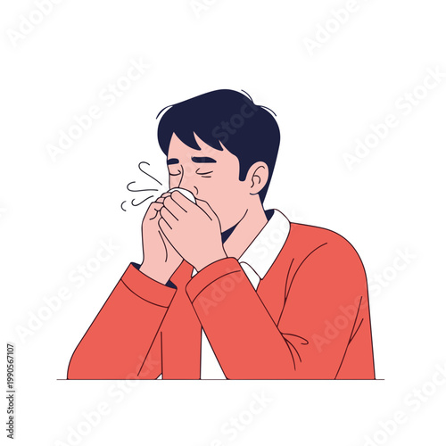 Young man sneezing into a tissue. Cold and flu symptoms or allergy concept. Flat design vector illustration