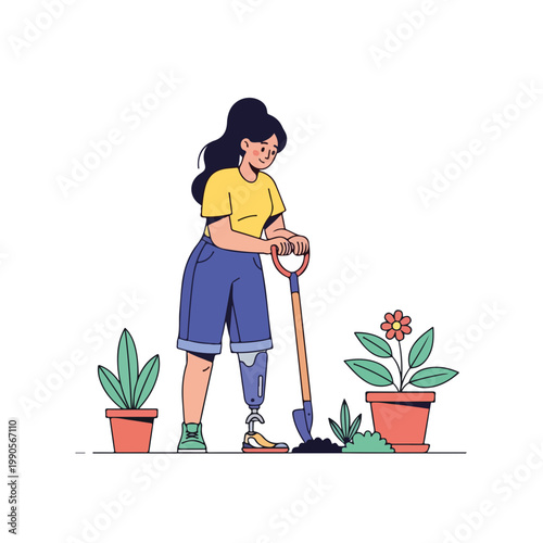 Woman with prosthetic leg gardening. Inclusive lifestyle and disability empowerment concept. Flat design illustration