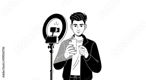 Young Man Filming Content with Ring Light and Smartphone.