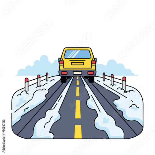Yellow car driving on a road with melting snow. Flat design vector illustration of spring travel and road conditions. Rear view of vehicle on highway