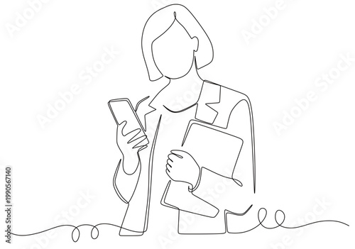 Continuous line drawing of a woman wearing formal attire holding a cell phone and carrying a large document. Online communication. Feedback notification. Continuous line vector drawing on a white back