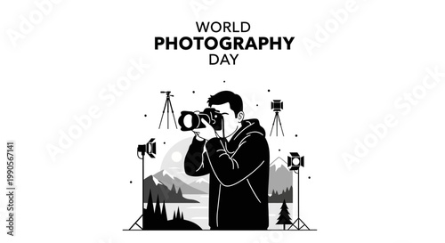 Illustrative representation of a male photographer capturing a moment for World Photography Day celebration.