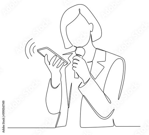 continuous line drawing of a woman wearing formal attire holding a cell phone and microphone, reading, reviewing information, or presenting the contents of the cell phone