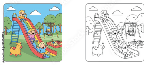 Kids Playing at Playground Coloring Page, Happy Children on Rainbow Slide in Park Illustration, Black and White Outline Vector Set for Educational Fun and Creative Hobby Activities