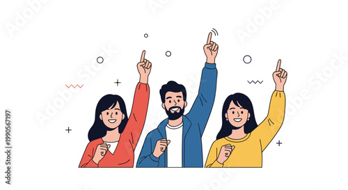 Group of three cheerful people raising their arms and pointing upwards with excitement against a minimalist background.