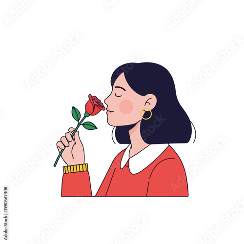 Woman smelling a red rose flower. Spring garden and nature concept. Flat design graphic isolated on white background
