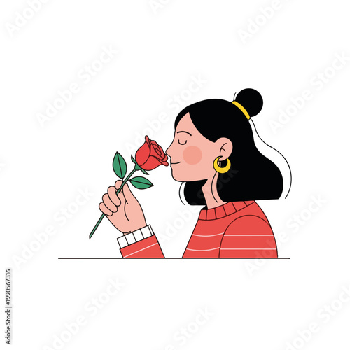 Woman with hair bun smelling a rose. Springtime gardening and floral aroma concept. Flat design graphic isolated on white