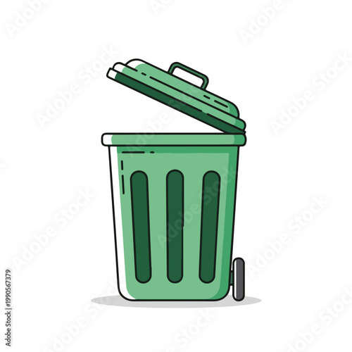 Green trash can with open lid. Flat line art graphic. Waste management and recycling concept