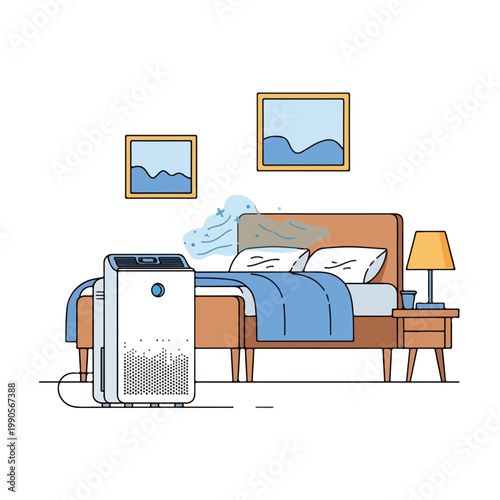 Air purifier in a bedroom. Flat line art graphic. Home appliance and air quality concept