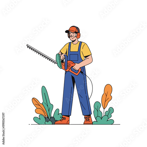 Gardener using an electric hedge trimmer with safety gear. Landscaping and yard maintenance concept. Flat design vector illustration