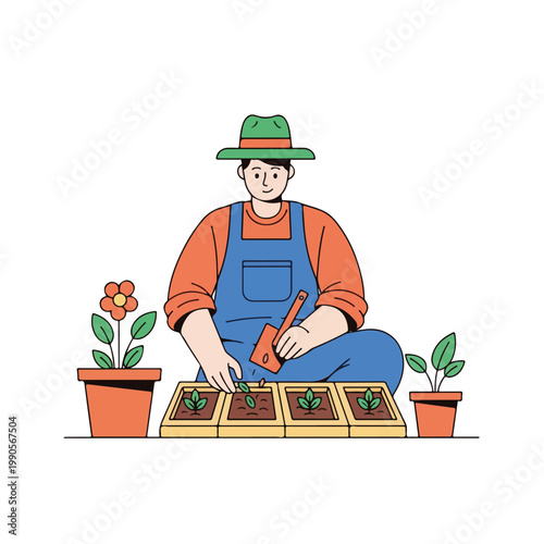 Farmer planting seedlings in a tray. Gardener working in the garden with soil and trowel. Flat design line art. Isolated on white background