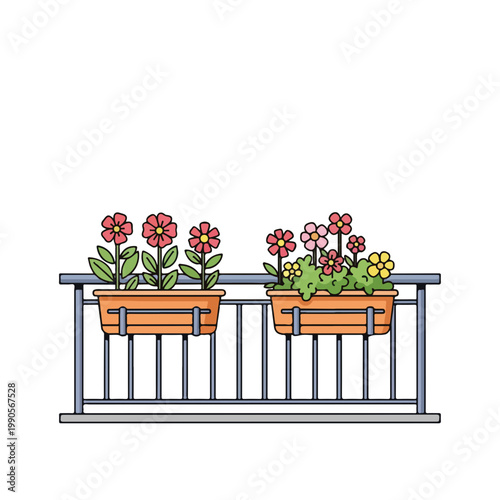 Colorful flowers in boxes hanging on a balcony railing. Urban gardening and home decoration concept. Flat design line art. Isolated on white background