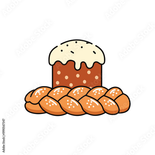 Traditional easter bread and braided loaf. Paska and challah bakery concept. Flat design isolated graphic