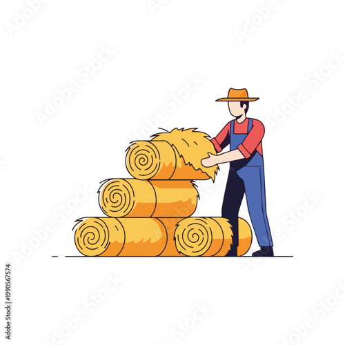 Farmer stacking hay bales. Agricultural harvest and livestock feed concept. Flat design rural worker