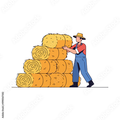 Farmer working with hay bales. Agricultural harvest and farm labor concept. Flat design character graphic
