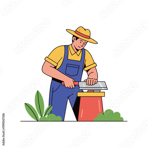 Farmer sharpening a tool. Maintenance of agricultural equipment concept. Flat design worker character
