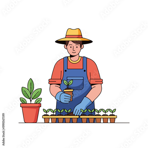 Farmer planting seedlings in pots. Spring gardening and plant nursery concept. Flat design agricultural worker